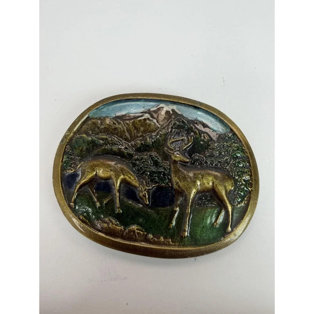 Vintage Indiana Metal Craft Deer Buck Doe Mountains Brass Belt Buckle